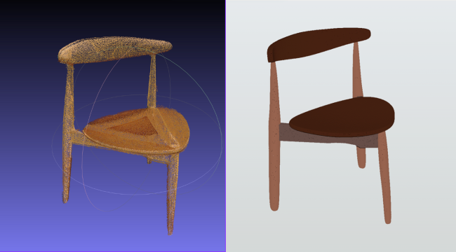 side by side of 3D scanned vs 3D modeled chair