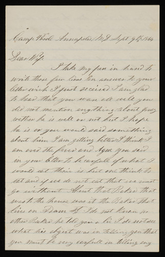 Civil War soldier John McGraw writes on April 9, 1864 from Annapolis to his wife 