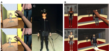 Virtual avatars interact with users in VR, showing hand movements and environments.
