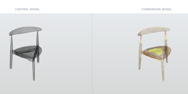 Screenshot of comparison tool showing two chair models with analysis features