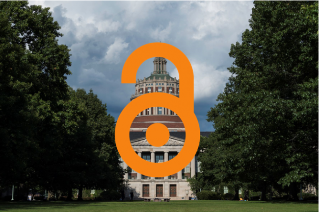 A graphic of an unlocked orange combination lock over the top of a view of Rush Rhees Library from the Eastman Quad