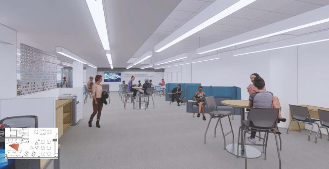 3D Rendering of a study space in Carlson Library featuring soft seating and high-top tables
