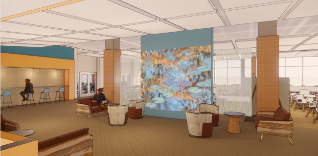 A rendering of a meet-up space in Gleason Library featuring a prominent wall with a colorful design