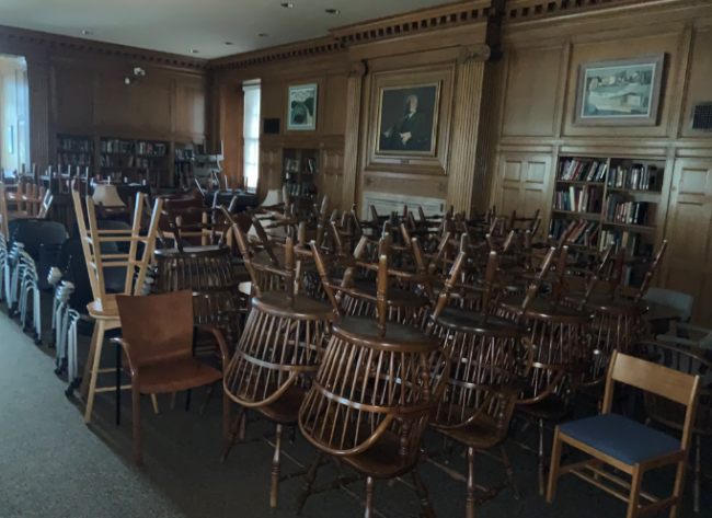 Welles-Brown room full of chairs from other spaces