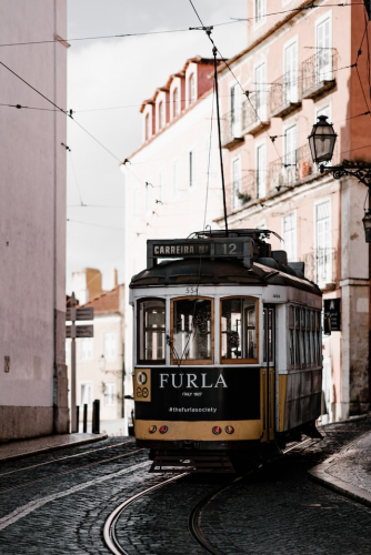 trolley on a city street.
