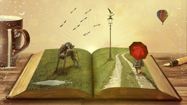 Open book with a a dog on one side and child with red umbrella on the other