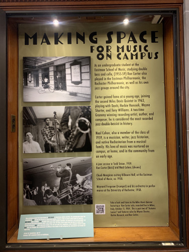 "Making Space for Music on Campus" jazz exhibit case with 3 photographs and text