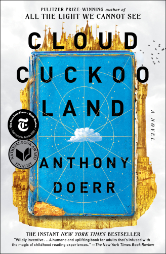Cloud Cuckoo Land in black letters overa blue book with a map, stars, and clouds