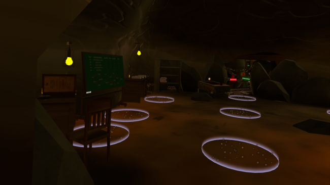 the vr environment of the cave with teleportation areas. 