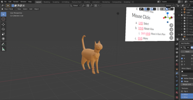 a 3D modeled cat in Blender a 3d modeling software.