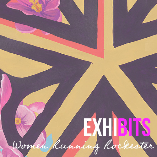 "ExhiBits: Women Running Rochester" over the City of Rochester logo designed with flowers