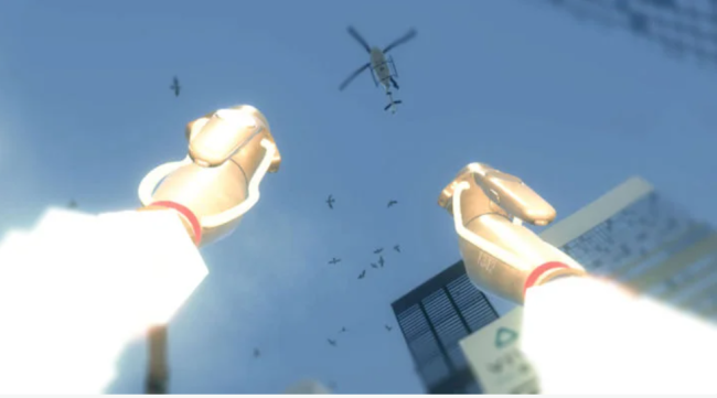 describe in a 15 word sentence firefighting.png   Two robotic hands with jetpacks soar above a city with a helicopter.