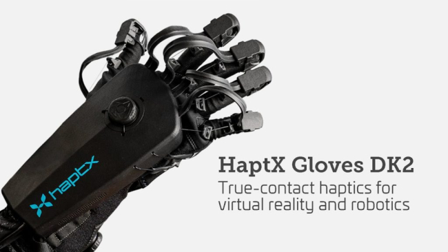 advertisement for HaptX Gloves DK2: True-contact haptics for virtual reality and robotics 