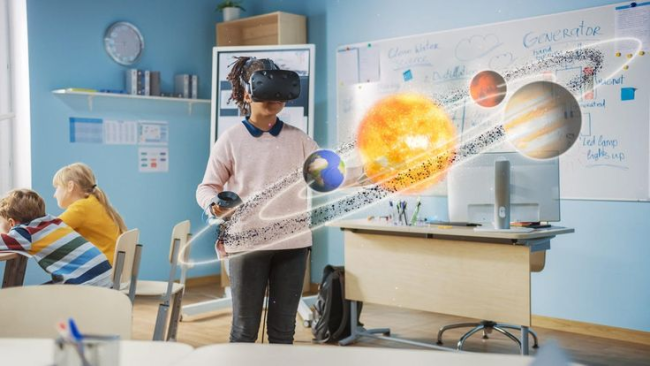 child wearing a vr headset interacting with the solar system virtual objects.