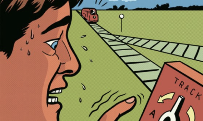 illustration of the trolley problem done in the style of roy lichtenstein.