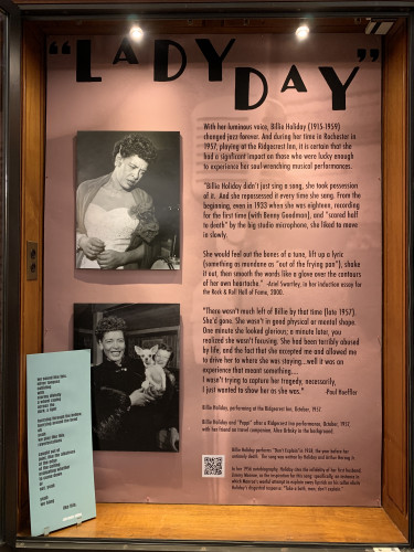 RBSCP jazz exhibit case for "Lady Day" with 2 photographs and text