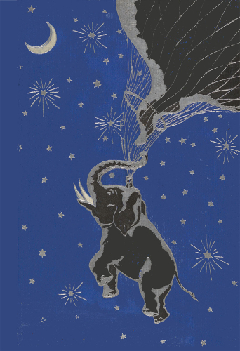 On a blue and silver background covered in stars, a black and silver elephant is being carried into the sky by a hot air balloon 