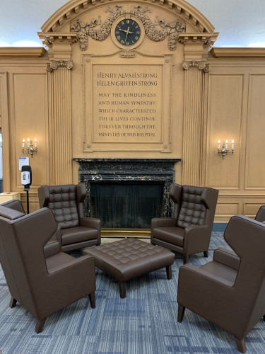 View of fireplace in Miner Reading Room, 2021