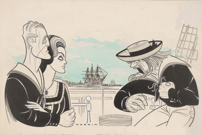 An illustration of two sailors in a dramatic conversation with each other. A ship sits in a harbor in the distance ship is 
