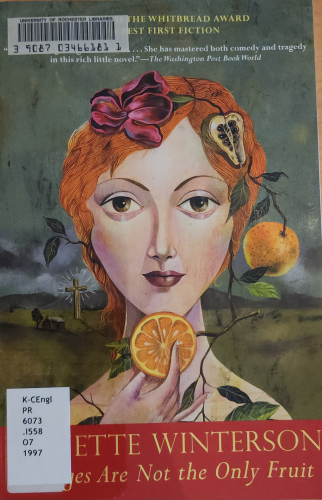 Book cover depicting a young woman with reddish hair, holding an orange