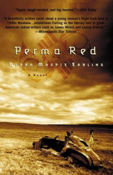 Book cover with Perma Red in white on a sepia background. In the foreground, a woman walks across a field, away from a crashed and burned car. A massive sky with clouds is overhead.