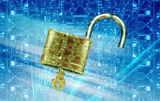 An unlocked gold padlock in a digital setting