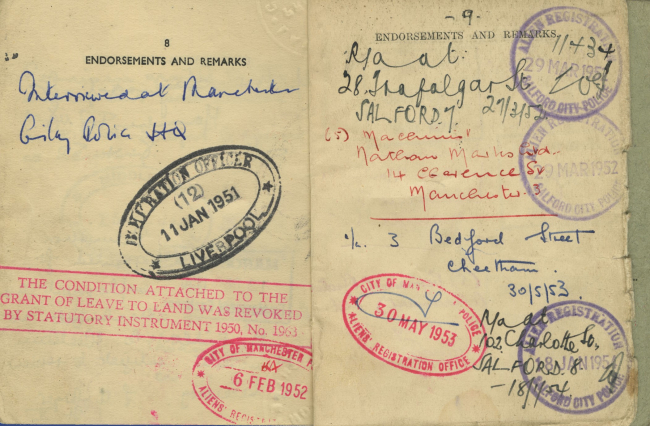The much-stamped interior of an old passport