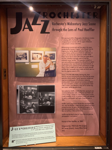 "Jazz Rochester: Rochester's midcentury jazz scene through the lens of Paul Hoeffler" exhibit panel with 2 photographs and text 