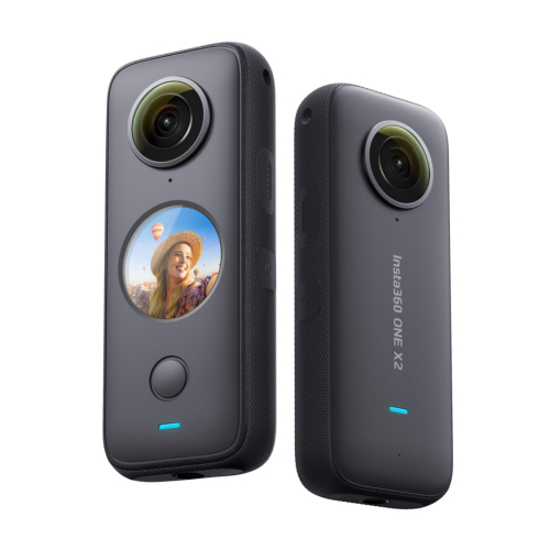 A front and back image of a 360-camera, the Insta 360 ONE X2 