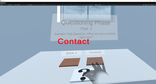 screenshot of the VR environment which shows a virtual hand and two textures. 