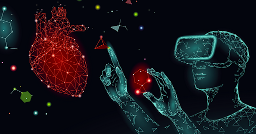illustration a person wearing a VR headset and interacting with a digital human heart. 