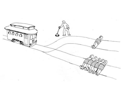 illustration of the trolley problem.