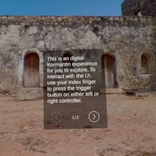 screenshot of the onboarding tutorial user interface with text that reads, "This is a digital Kormantin experience for you to explore. To interact with the UI, use your index finger to press the trigger button on either left or right controller."