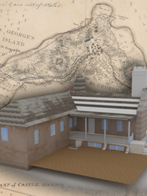 A composite of a 3D architectural model and a historical map of St. George's Island